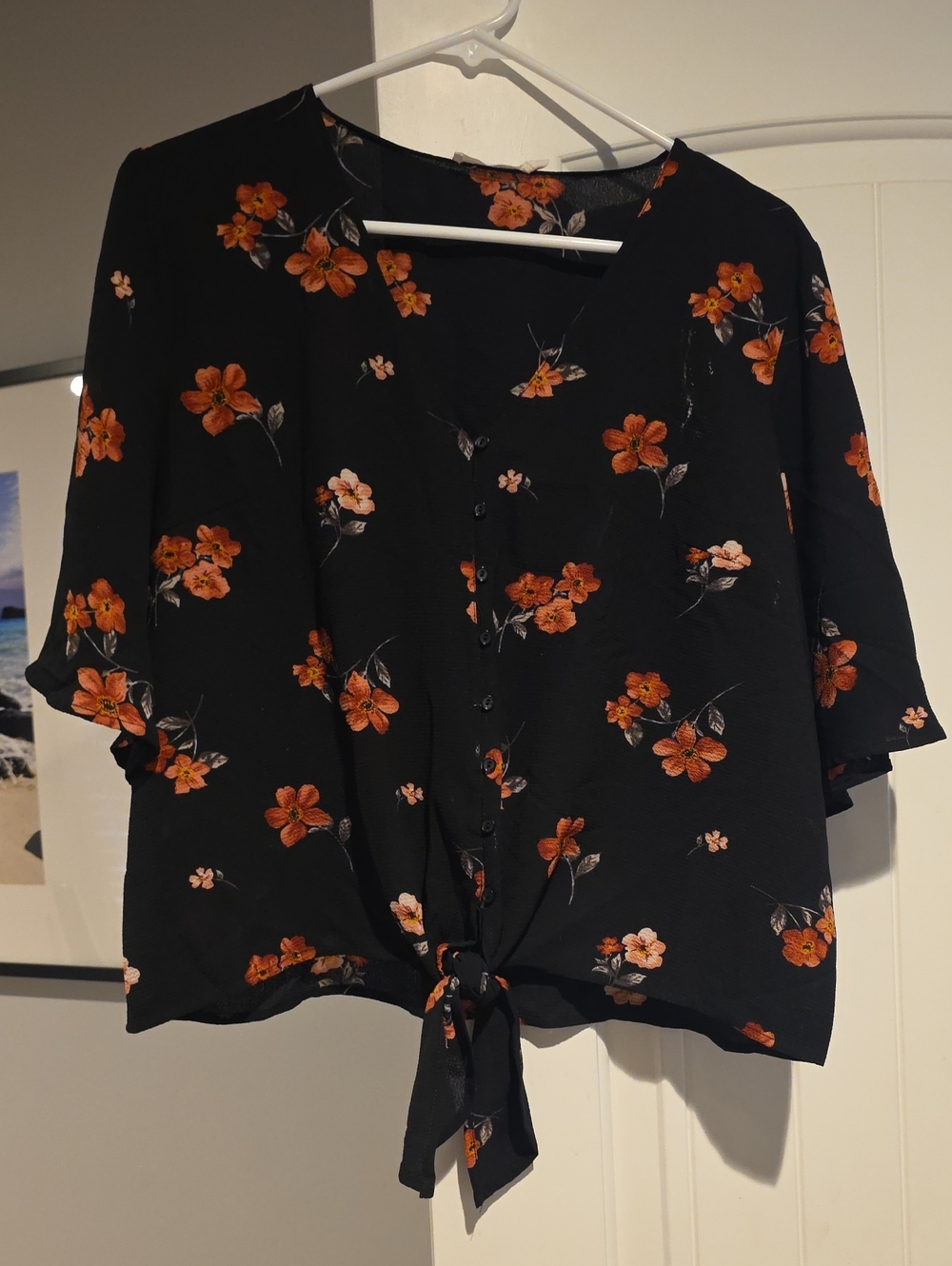 Lush Black Button-Front Tie Blouse with Orange Floral Print